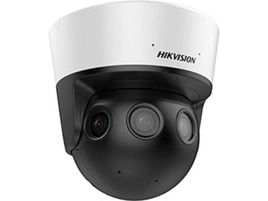 Hikvision 32MP panoramische outdoor camera met witte behuizing en drie zwarte cameralenzen voor 180° overzicht.