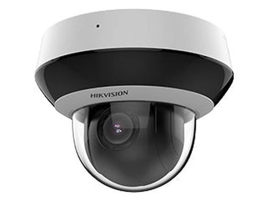 Witte Hikvision 2MP PTZ speed dome camera met compact design, zwarte lensbehuizing en ingebouwde microfoon.