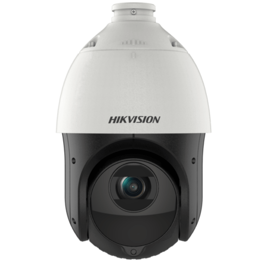 Witte Hikvision 2MP PTZ speed dome camera met zwarte lensbehuizing en 25x optische zoom voor professionele beveiliging.