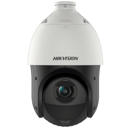 Witte Hikvision 2MP PTZ speed dome camera met zwarte lensbehuizing en 25x optische zoom voor professionele beveiliging.