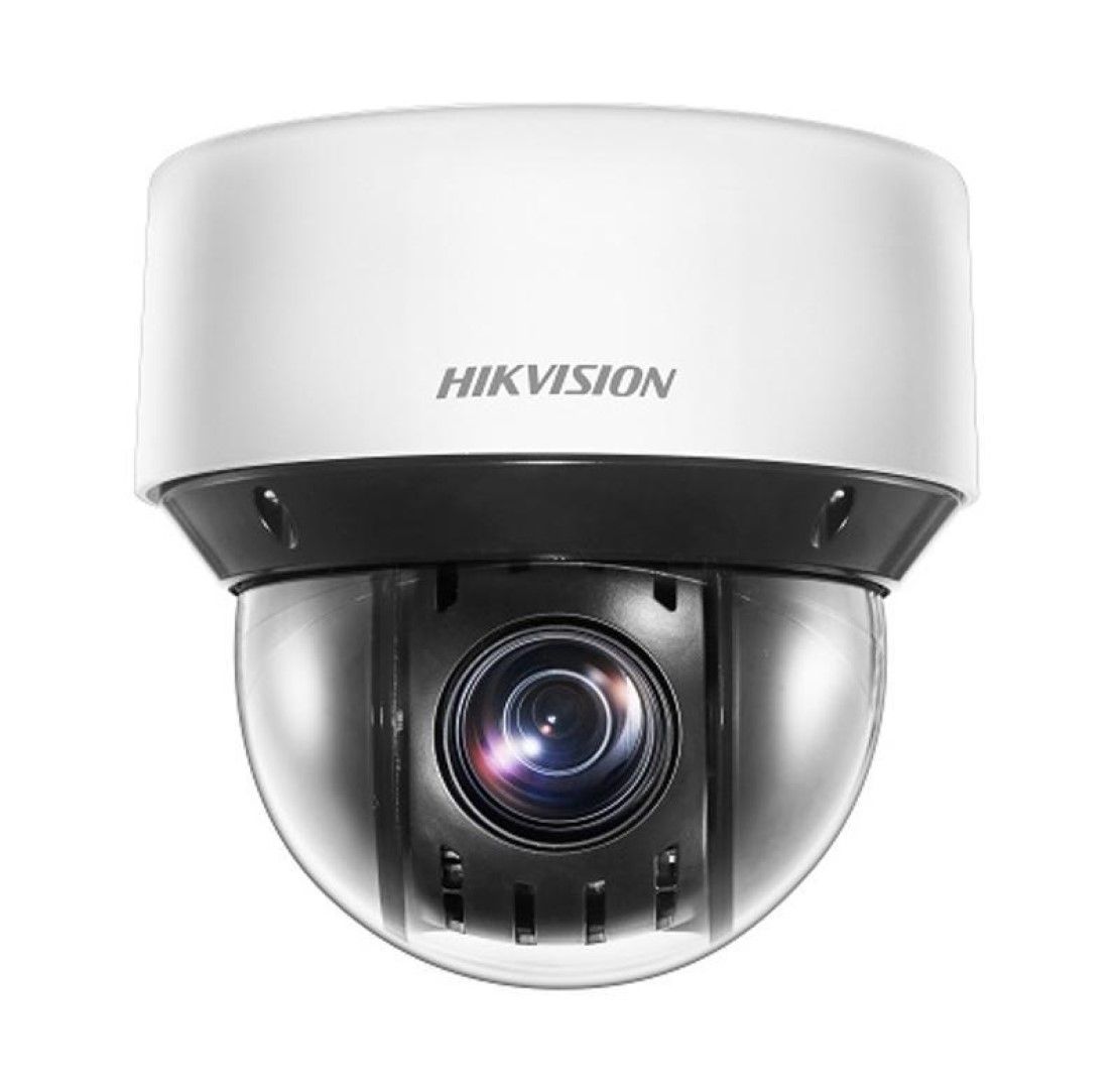 Witte Hikvision PTZ-domecamera met zwarte lensbehuizing en 25× optische zoom voor professionele videobewaking.