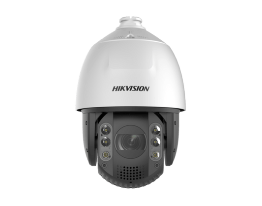 Witte Hikvision PTZ speed dome camera met 32x optische zoom, infrarood verlichting en geïntegreerde luidspreker.