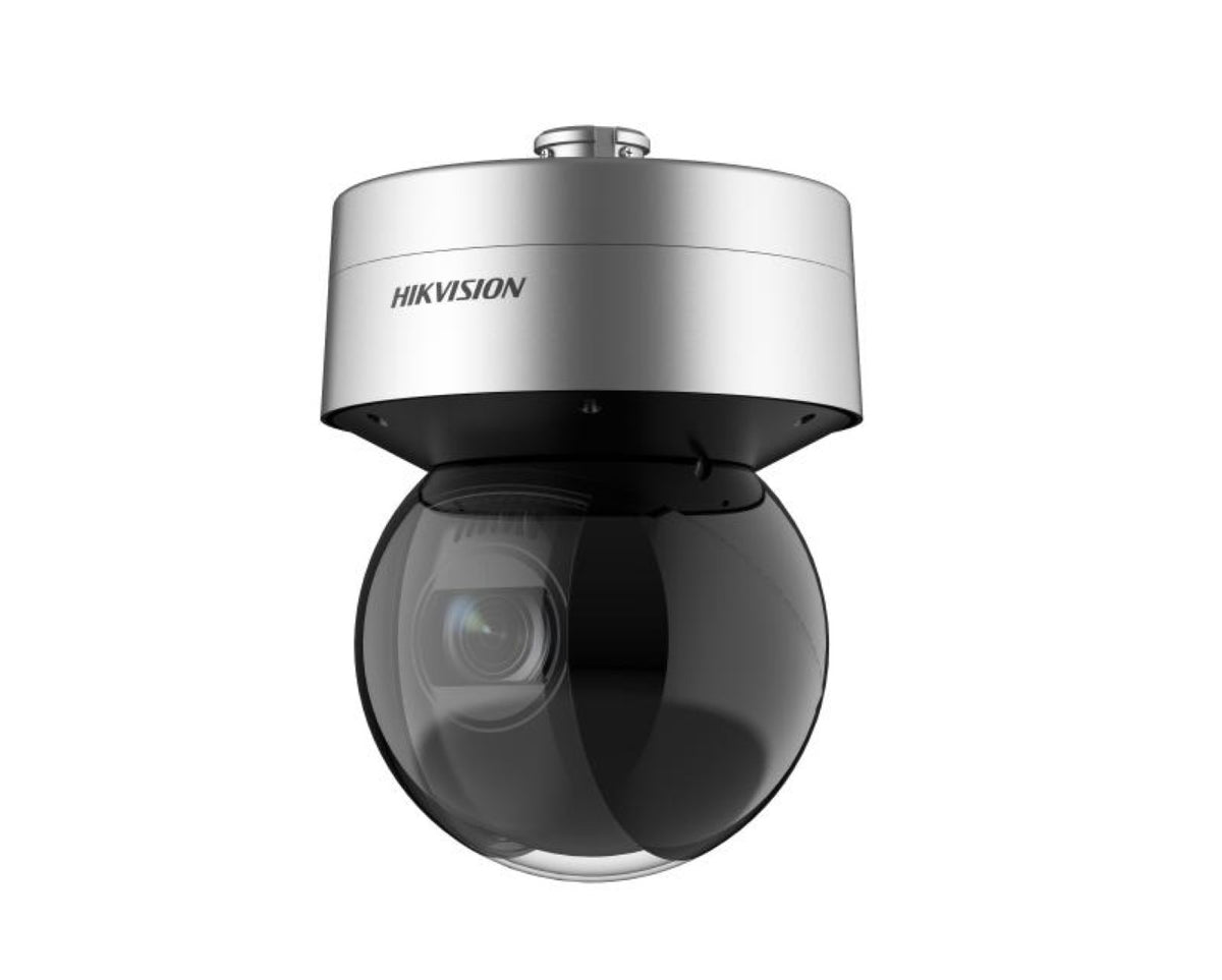 Hikvision 4MP PTZ speed dome camera met zilveren behuizing en zwarte glazen bol voor professionele videobewaking.