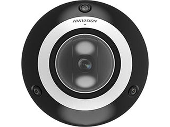 Hikvision 4MP 3D panoramische camera in zwart-witte ronde behuizing met meerdere lenzen voor 180 graden overzicht.