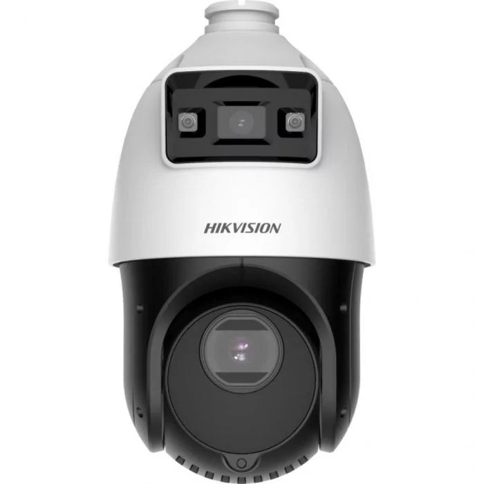 Witte Hikvision 4MP PTZ speed dome camera met zwarte lensbehuizing, 25x zoom en ingebouwde IR- en witlichtverlichting.