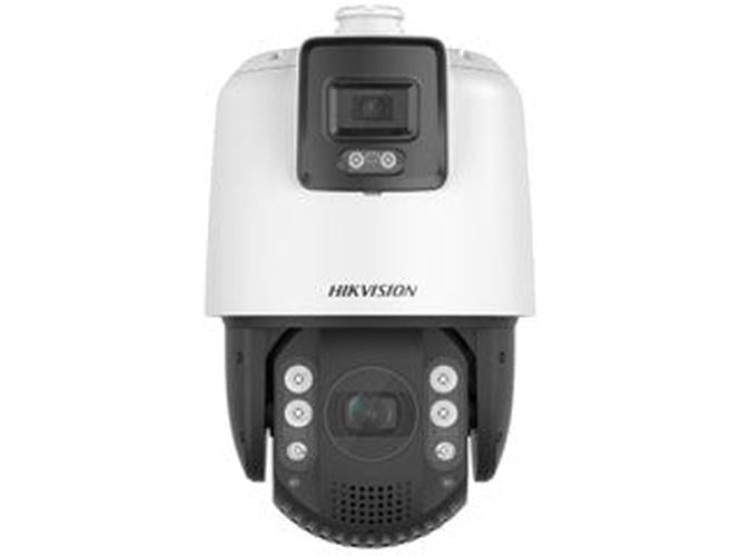 Witte Hikvision 4MP PTZ speed dome camera met 25x zoom, actieve afschrikking en IR-nachtzicht voor buiten.