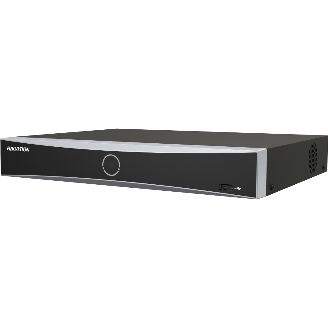 Zwarte Hikvision 4-kanaals AcuSense NVR met zilveren voorpaneel, USB-poort en strak compact design.