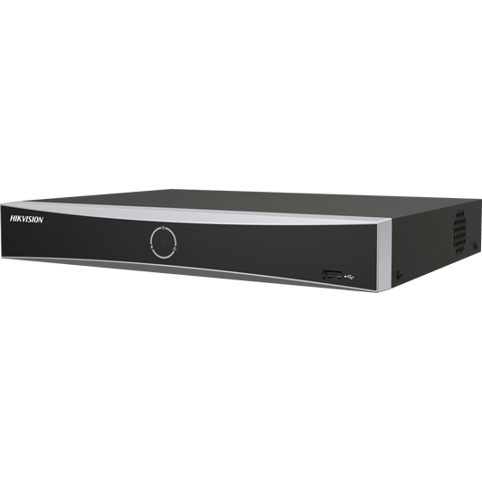 Zwarte Hikvision 4-kanaals AcuSense NVR met zilveren voorpaneel, USB-poort en strak compact design.