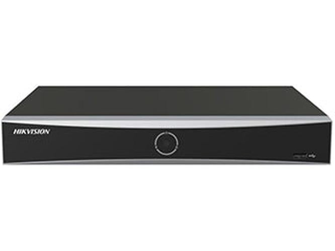Compacte zwarte Hikvision 4-kanaals AcuSense Vpro NVR met strak design en centraal statuslampje.
