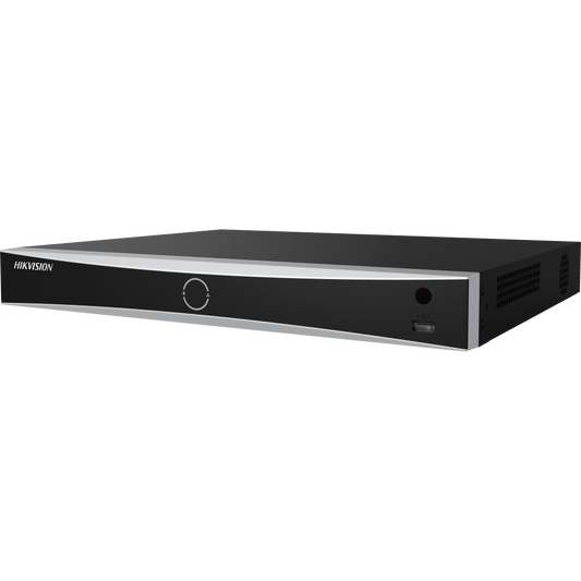 Zwarte Hikvision 8-kanaals AcuSense NVR met zilveren accenten, USB-poort en strak metalen design.