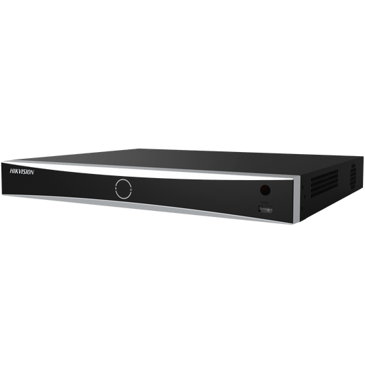 Zwarte Hikvision 8-kanaals AcuSense NVR met strak metalen design en USB-poort aan de voorzijde.