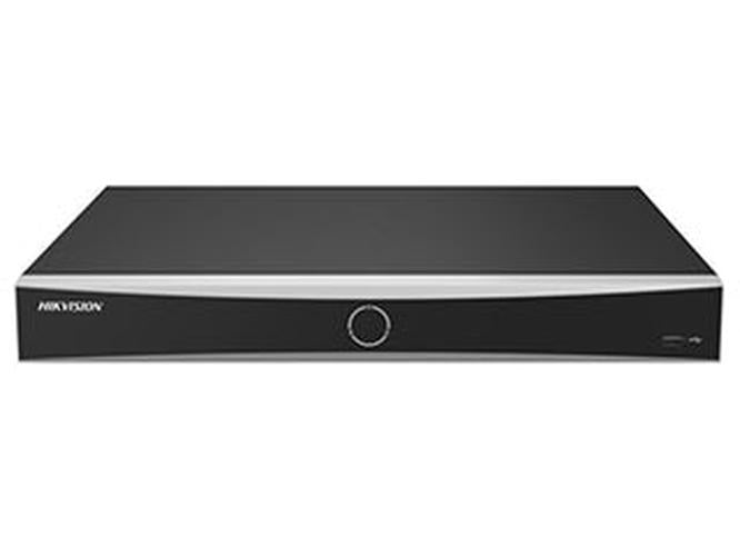 Zwarte Hikvision 8-kanaals AcuSense NVR met strak metalen design en centraal verlichte bedieningsknop.
