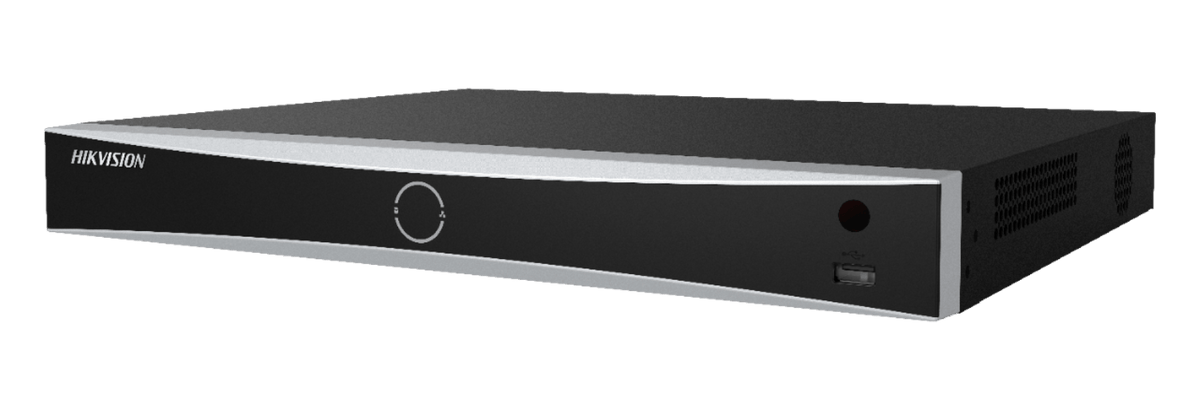 Zwarte Hikvision 16-kanaals AcuSense NVR met strak design en USB-poort aan de voorzijde.