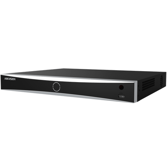 Zwarte Hikvision DS-7616NXI-K2 16-kanaals AcuSense NVR met strak design en USB-poort aan de voorzijde.