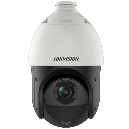 Hikvision 4MP PTZ speed dome camera met witte behuizing, zwarte lensmodule en 25x optische zoom voor professionele beveiliging.