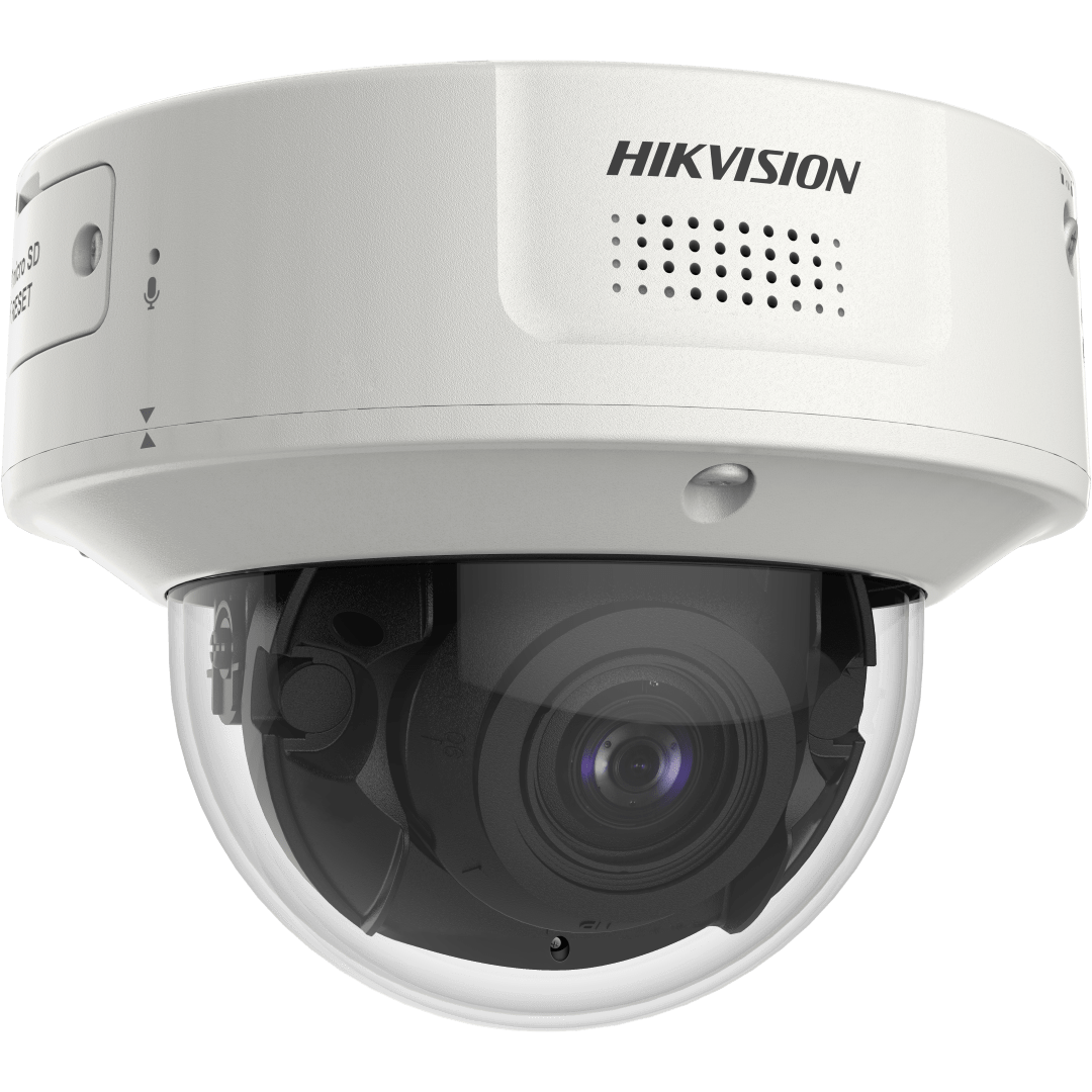 Witte Hikvision DeepinView domecamera met varifocale lens, microfoon en robuuste behuizing voor buitenbeveiliging.