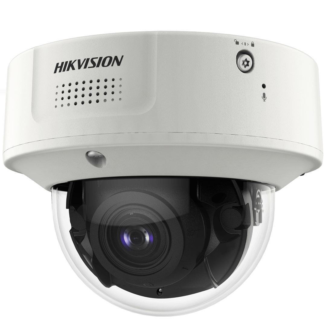 Witte Hikvision DeepinView domecamera met varifocale lens en robuuste behuizing voor buitenbeveiliging.