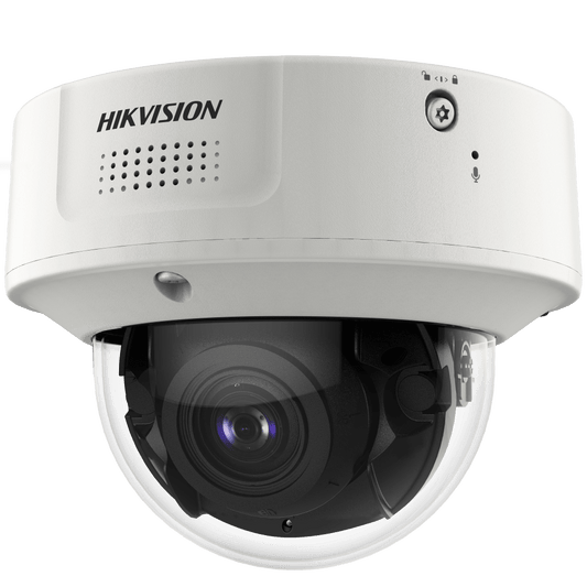 Witte Hikvision DeepinView domecamera met varifocale lens en robuuste behuizing voor buitenbeveiliging.