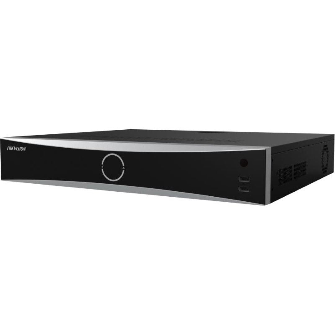 Zwarte Hikvision iDS-7732NXI-M4/X DeepinMind NVR met zilveren voorpaneel en USB-poorten in een strak metalen design.