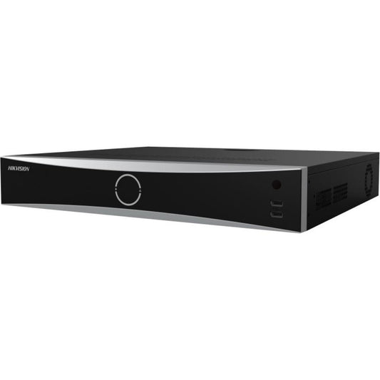 Zwarte Hikvision iDS-7732NXI-M4/X DeepinMind NVR met zilveren voorpaneel en USB-poorten in een strak metalen design.