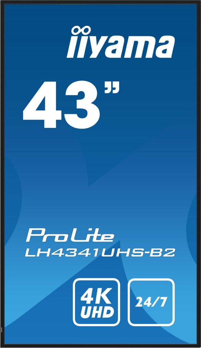 Iiyama ProLite 43 inch 4K UHD professioneel display met slanke zwarte rand voor 24/7 beveiligingsgebruik.