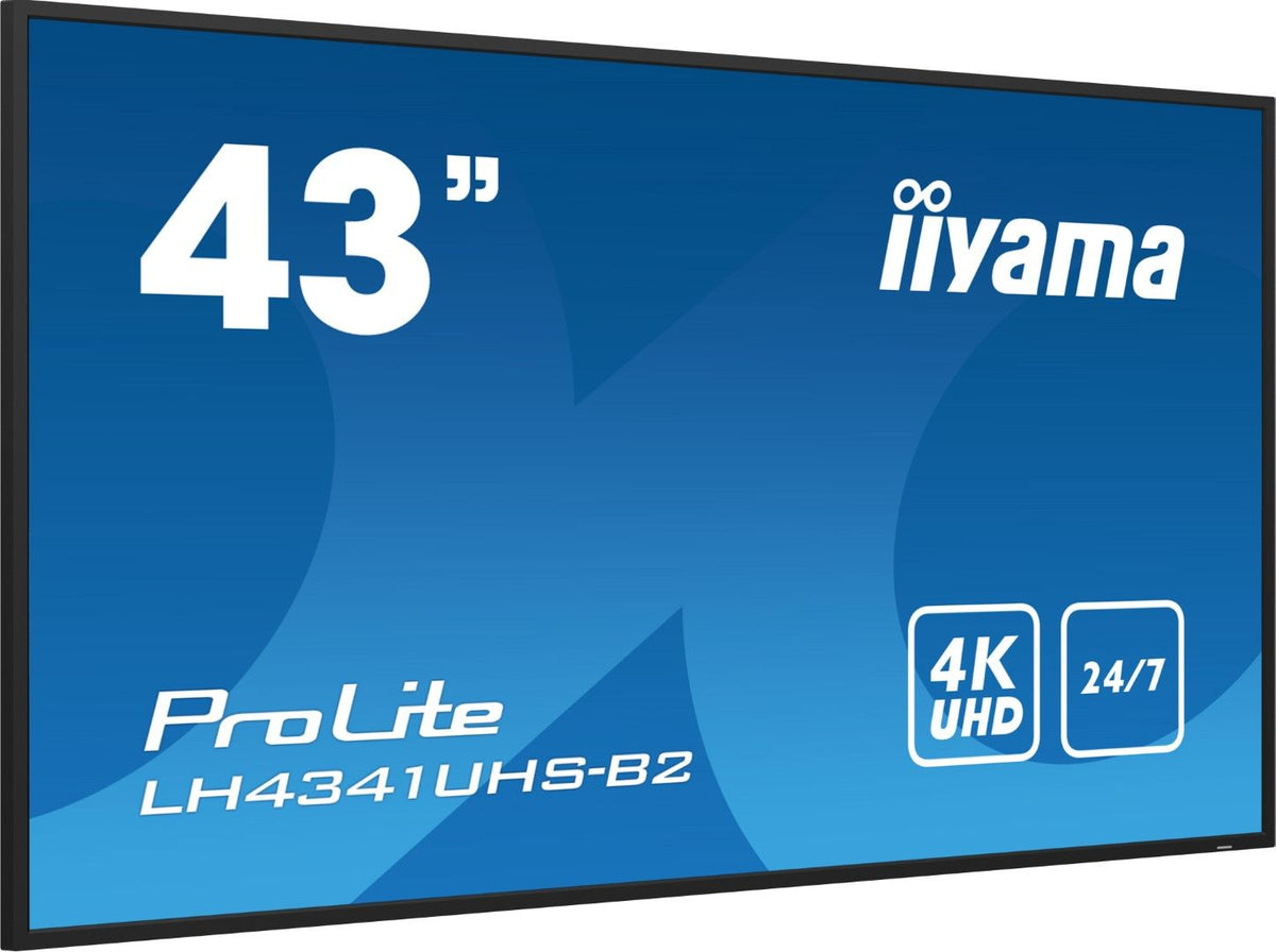 Iiyama ProLite 43 inch 4K UHD professioneel display met slanke zwarte randen voor 24/7 beveiligingsgebruik.