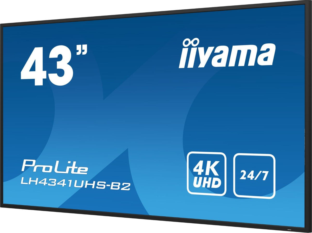 Iiyama ProLite 43 inch 4K UHD professioneel display met slanke zwarte rand voor 24/7 gebruik in controlekamers.