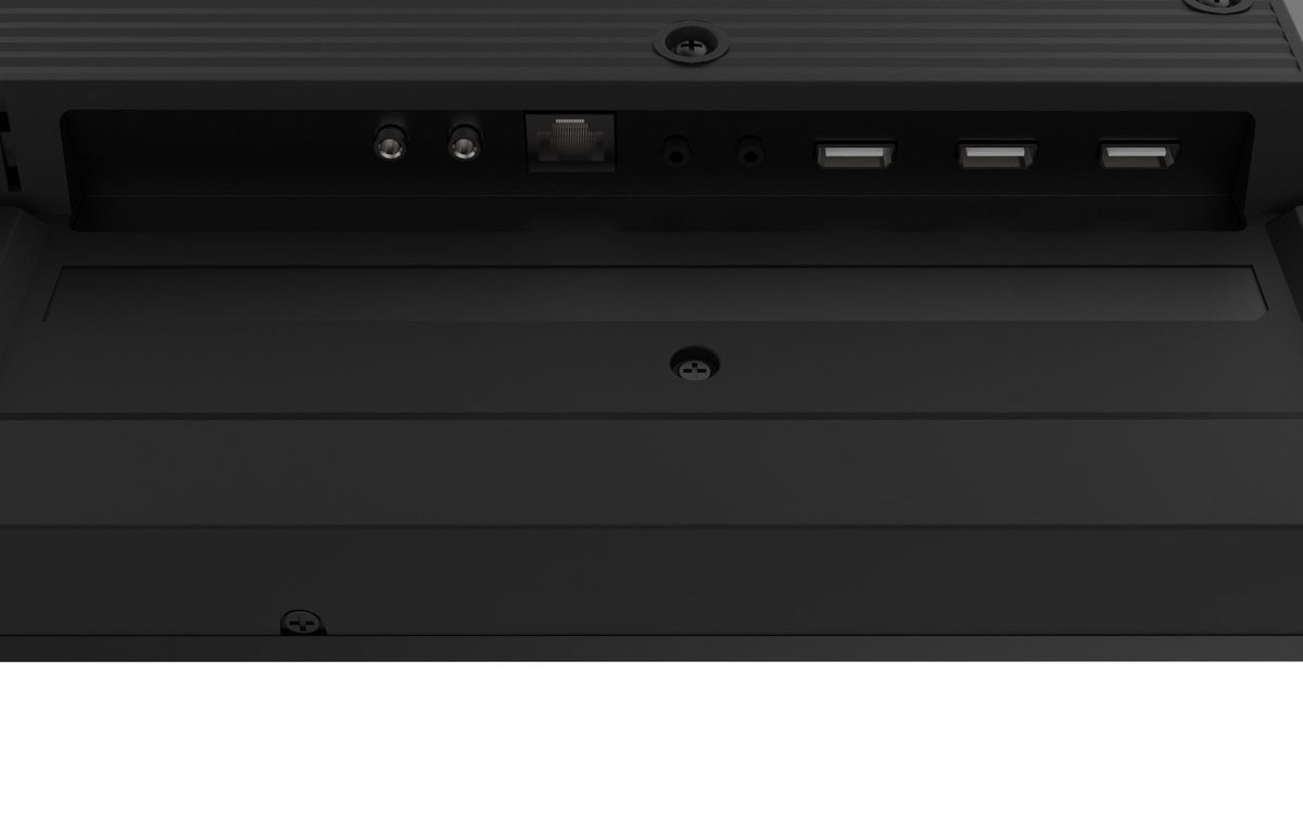 Zwarte achterkant van Iiyama 43 inch professioneel display met zichtbare aansluitingen en poorten.