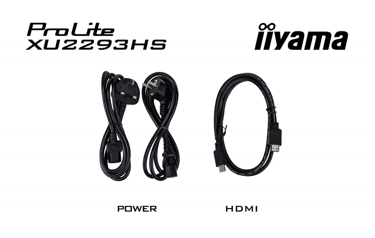Zwarte stroomkabels en HDMI-kabel voor de Iiyama ProLite XU2293HS-B6 monitor op een witte achtergrond.