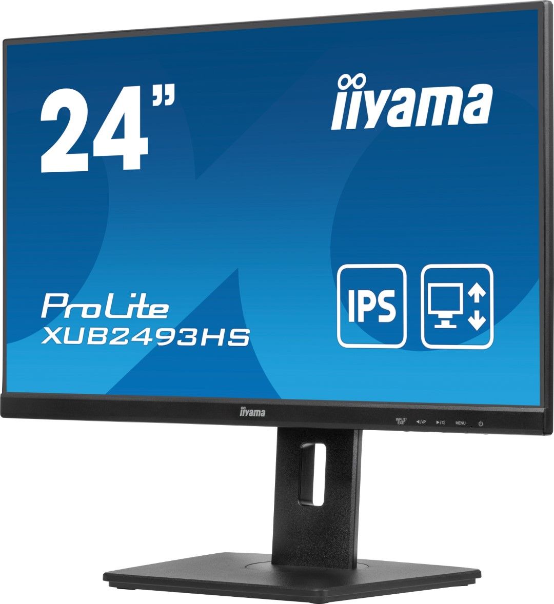 Zwarte 24 inch Iiyama ProLite Full HD IPS-monitor met in hoogte verstelbare voet en edge-to-edge ontwerp.