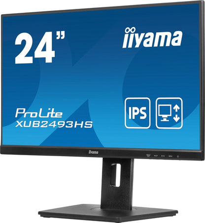 Zwarte 24 inch Iiyama ProLite Full HD IPS-monitor met in hoogte verstelbare voet en edge-to-edge ontwerp.