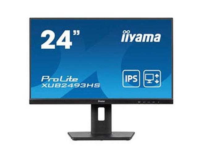 Zwarte 24 inch Iiyama ProLite IPS-monitor met edge-to-edge design en in hoogte verstelbare voet.