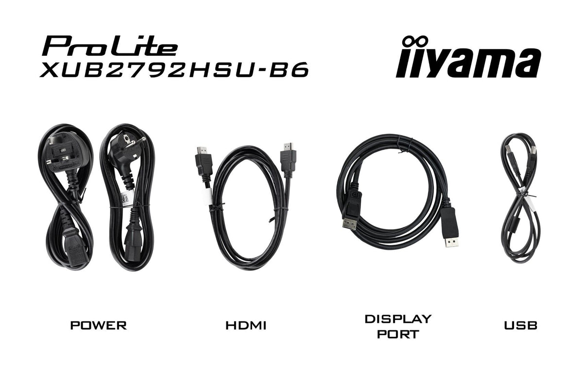 Iiyama ProLite XUB2792HSU-B6 monitor accessoireset met stroom-, HDMI-, DisplayPort- en USB-kabels.