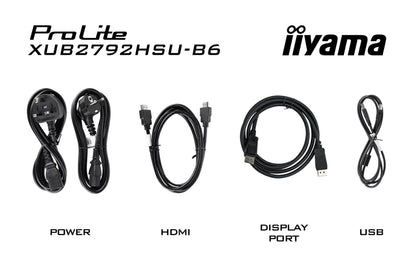 Iiyama ProLite XUB2792HSU-B6 monitor accessoireset met stroom-, HDMI-, DisplayPort- en USB-kabels.