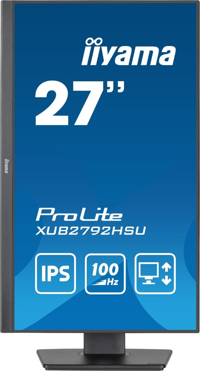 Zwarte 27 inch Iiyama ProLite monitor in portretstand met IPS-paneel, 100Hz verversingssnelheid en verstelbare voet.