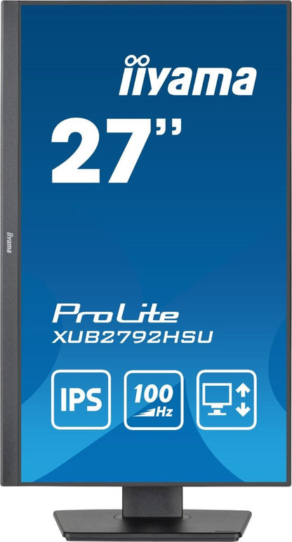 Zwarte 27 inch Iiyama ProLite monitor in portretstand met IPS-paneel, 100Hz verversingssnelheid en verstelbare voet.