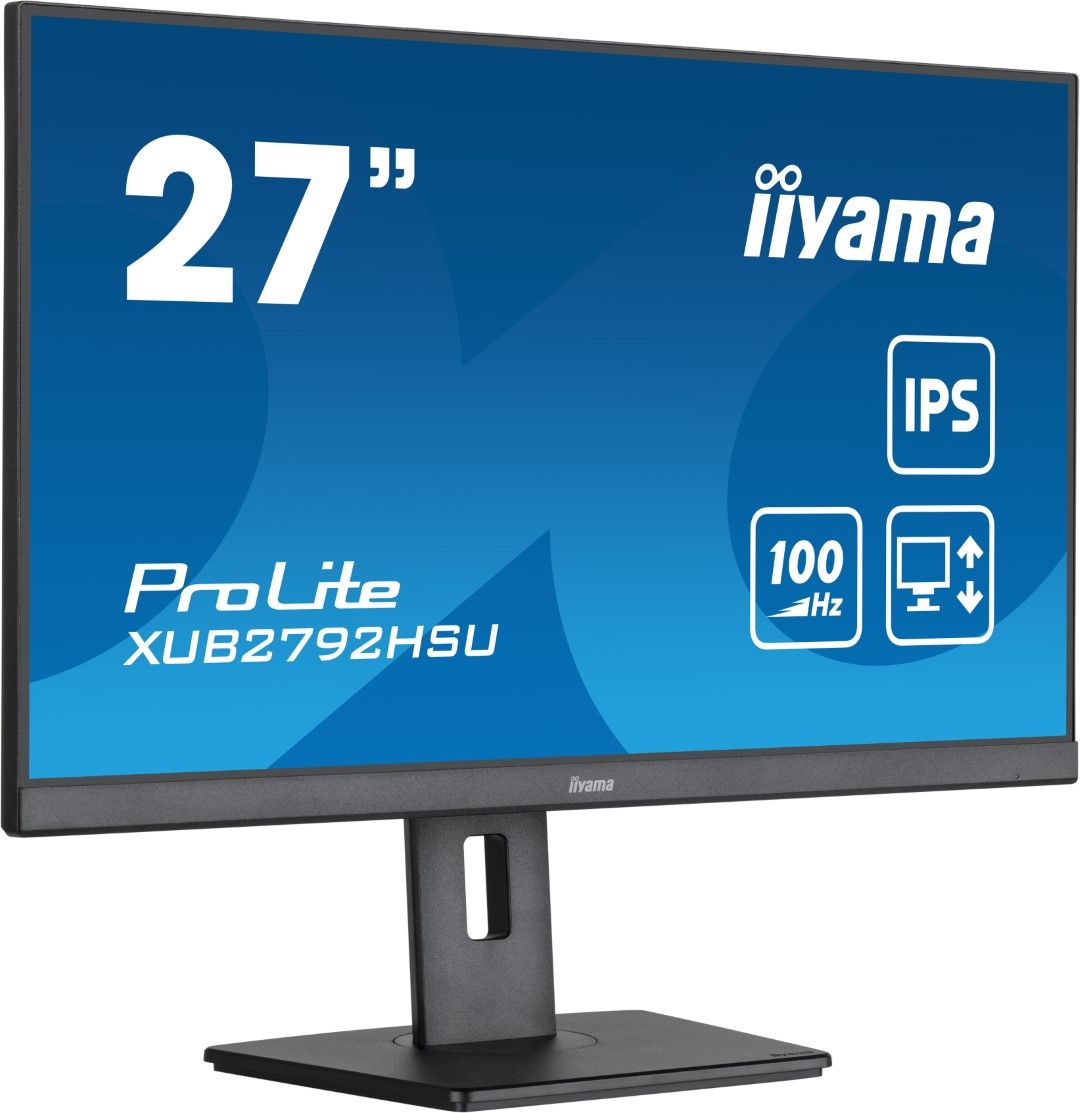 Zwarte 27 inch Iiyama ProLite monitor met edge-to-edge IPS-scherm en ergonomische voet.