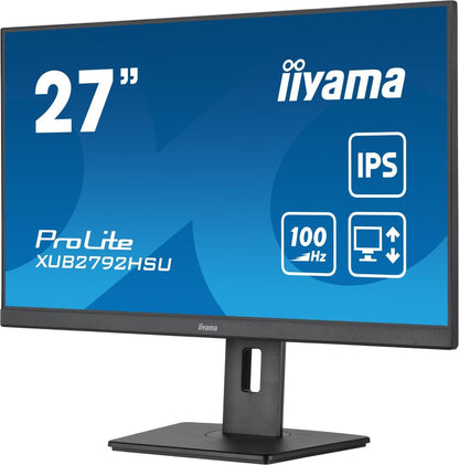 Zwarte 27-inch Iiyama ProLite IPS-monitor met edge-to-edge design en in hoogte verstelbare ergonomische voet.