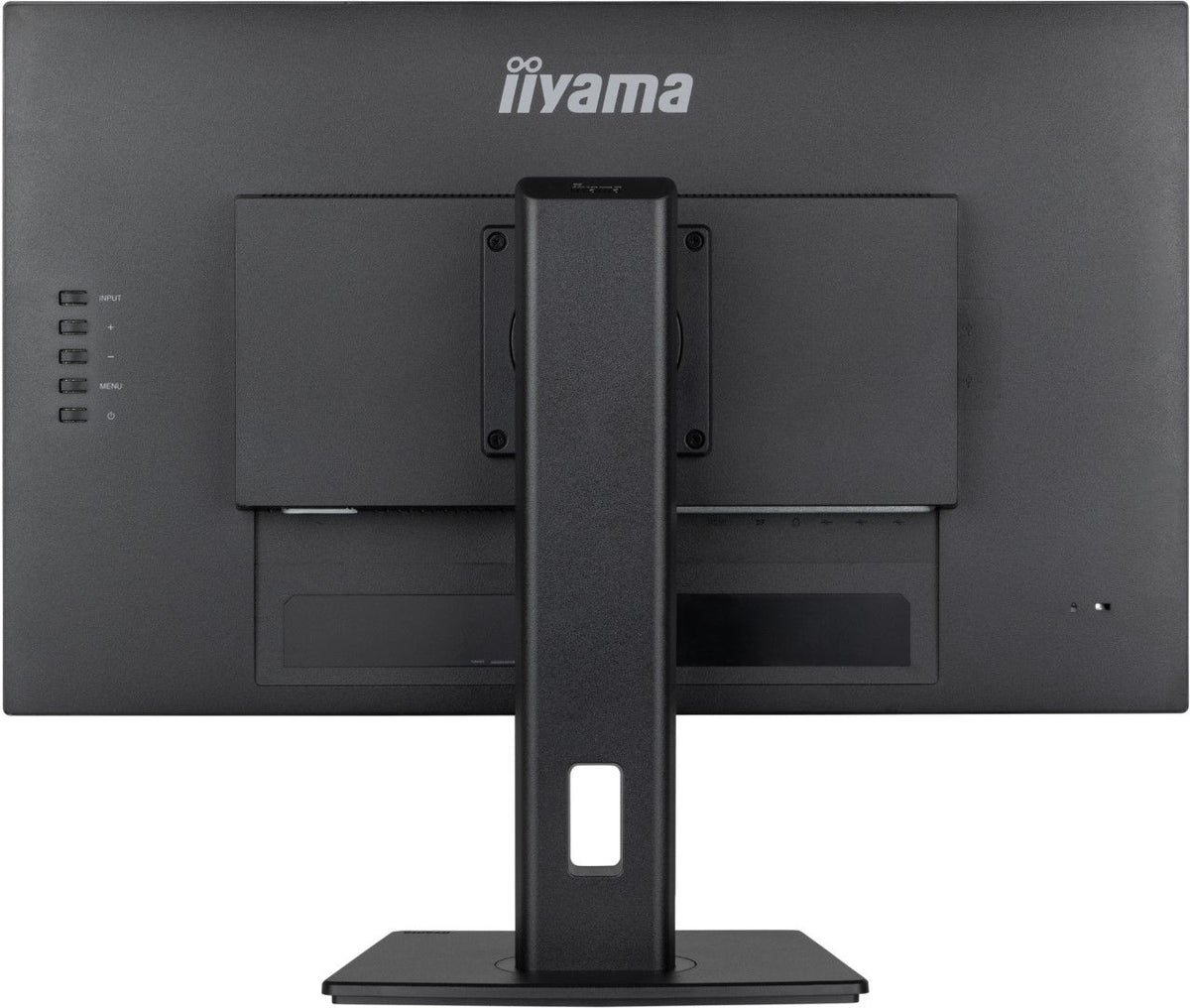 Achterkant van de zwarte Iiyama 27 inch monitor met verstelbare standaard en aansluitingen.