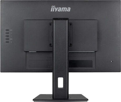 Achterkant van de zwarte Iiyama 27 inch monitor met verstelbare standaard en aansluitingen.
