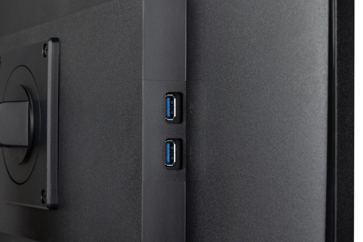 Zwarte achterkant van Iiyama monitor met twee USB-poorten en VESA-bevestigingspunt voor ergonomische voet.