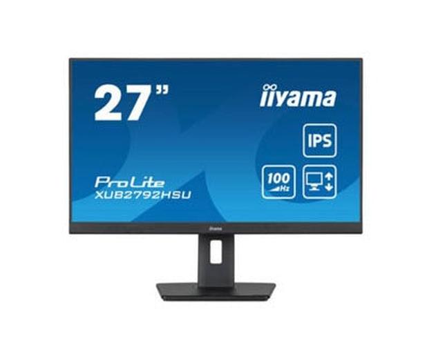 Zwarte 27 inch Iiyama ProLite IPS-monitor met edge-to-edge design en in hoogte verstelbare ergonomische voet.