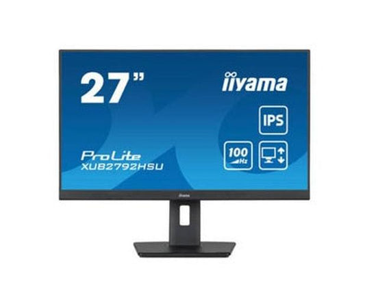 Zwarte 27 inch Iiyama ProLite IPS-monitor met edge-to-edge design en in hoogte verstelbare ergonomische voet.