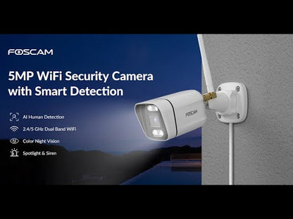 Foscam V5P | 5MP-WLAN-Bullet-Kamera | 2,8 mm fest | 90.1° | Farbspotlight + IR-Nachtsicht | KI-Erkennung | Ton- und Lichtalarm | Dualband-WLAN | IP66 | Schwarz