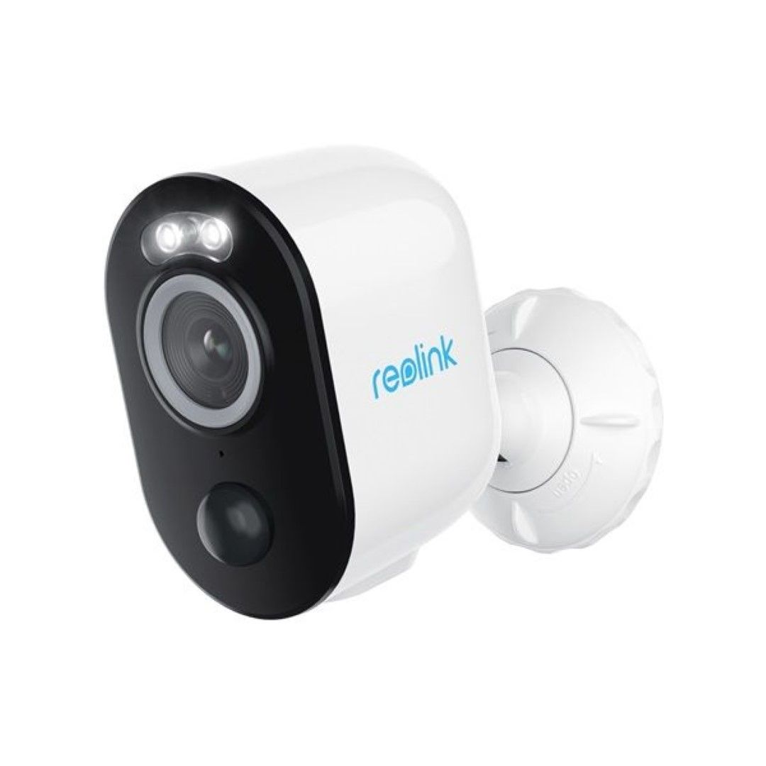 Witte Reolink Argus B330 draadloze 5MP buitencamera met spotlight en zwarte lensmodule op een muurbeugel.