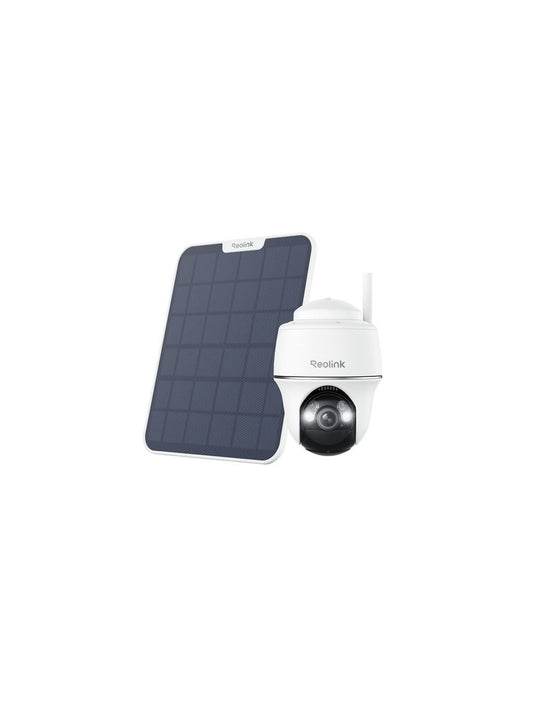Witte Reolink Argus B430 PTZ-beveiligingscamera met zonnepaneel voor draadloze buitenbewaking.