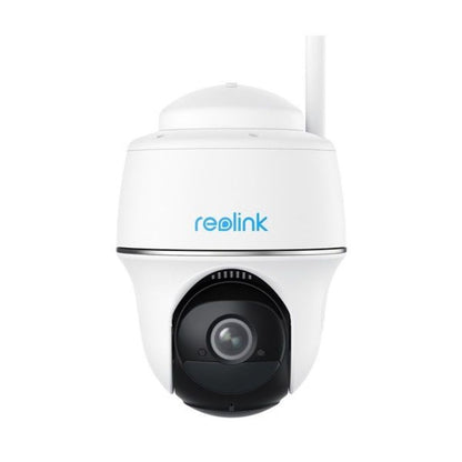 Witte Reolink Argus B430 draadloze PTZ-buitencamera met zwarte lensmodule en WiFi-antenne op een witte achtergrond.