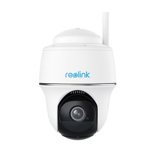 Witte Reolink Argus B430 draadloze PTZ-buitencamera met zwarte lensmodule en WiFi-antenne op een witte achtergrond.