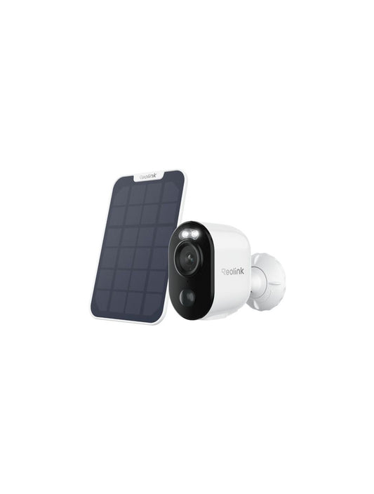 Witte Reolink B310 draadloze buitencamera met zonnepaneel, voorzien van spotlights en AI-detectie.