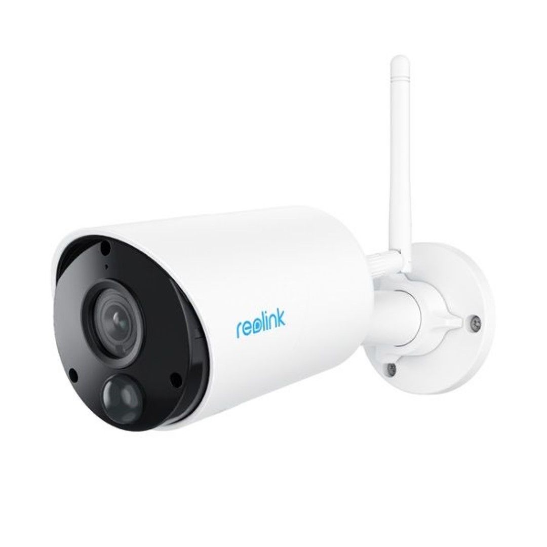 Witte Reolink B320 draadloze bullet buitencamera met zwarte lensmodule, antenne en wandmontagebeugel.